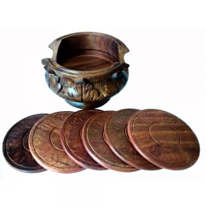 Antikcart Hand carved Wooden Tea Coaster Set Table Decor