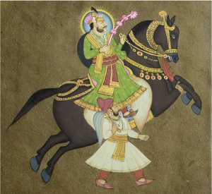 Ancient Indian Art Stamp Paper Framed Painting of Mughal King Horse Riding