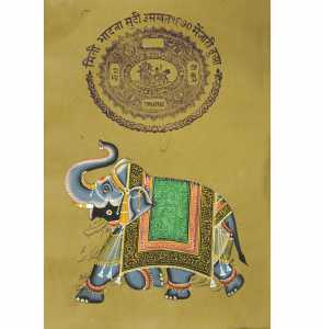 Ancient Royal Painting of Palace Elephant on Old Stamp paper by Antikcart-Framed View