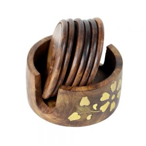 Brass Inlay Handcarved Wooden Tea Coaster Set by Antikcart set open