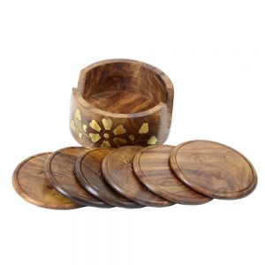Brass Inlay Handcarved Wooden Tea Coaster Set by Antikcart set open