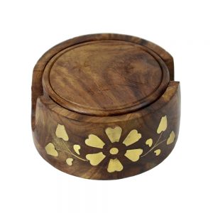 Brass Inlay Handcarved Wooden Tea Coaster Set by Antikcart set open