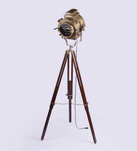 Sheesham Wood and Brass Tripod Floor Lamp vintage decor by Anikcart lit view