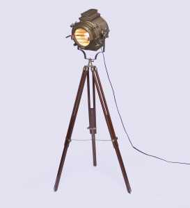 Sheesham Wood and Brass Tripod Floor Lamp vintage decor by Anikcart lit view