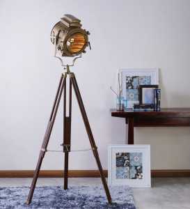 Sheesham Wood and Brass Tripod Floor Lamp vintage decor by Anikcart lit view