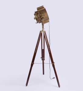 Sheesham Wood and Brass Tripod Floor Lamp vintage decor by Anikcart lit view