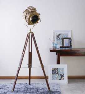Sheesham Wood and Brass Tripod Floor Lamp vintage decor by Anikcart lit view