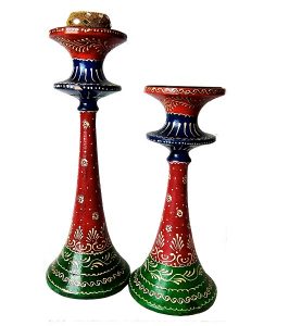 Wooden Candle Stand Elegantly Hand worked Meenakari Antikcart
