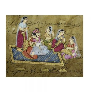 Mughal King with Queen and Sakhis- Framed Ancient Historic Paintings on Stamp Paper- Antikcart