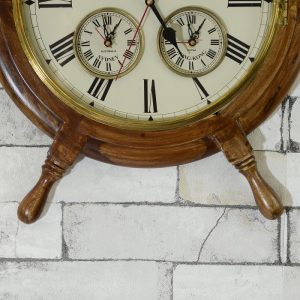 Antikcart Classic Colonial Shipwheel Wall Clock with 5 different time zones close view