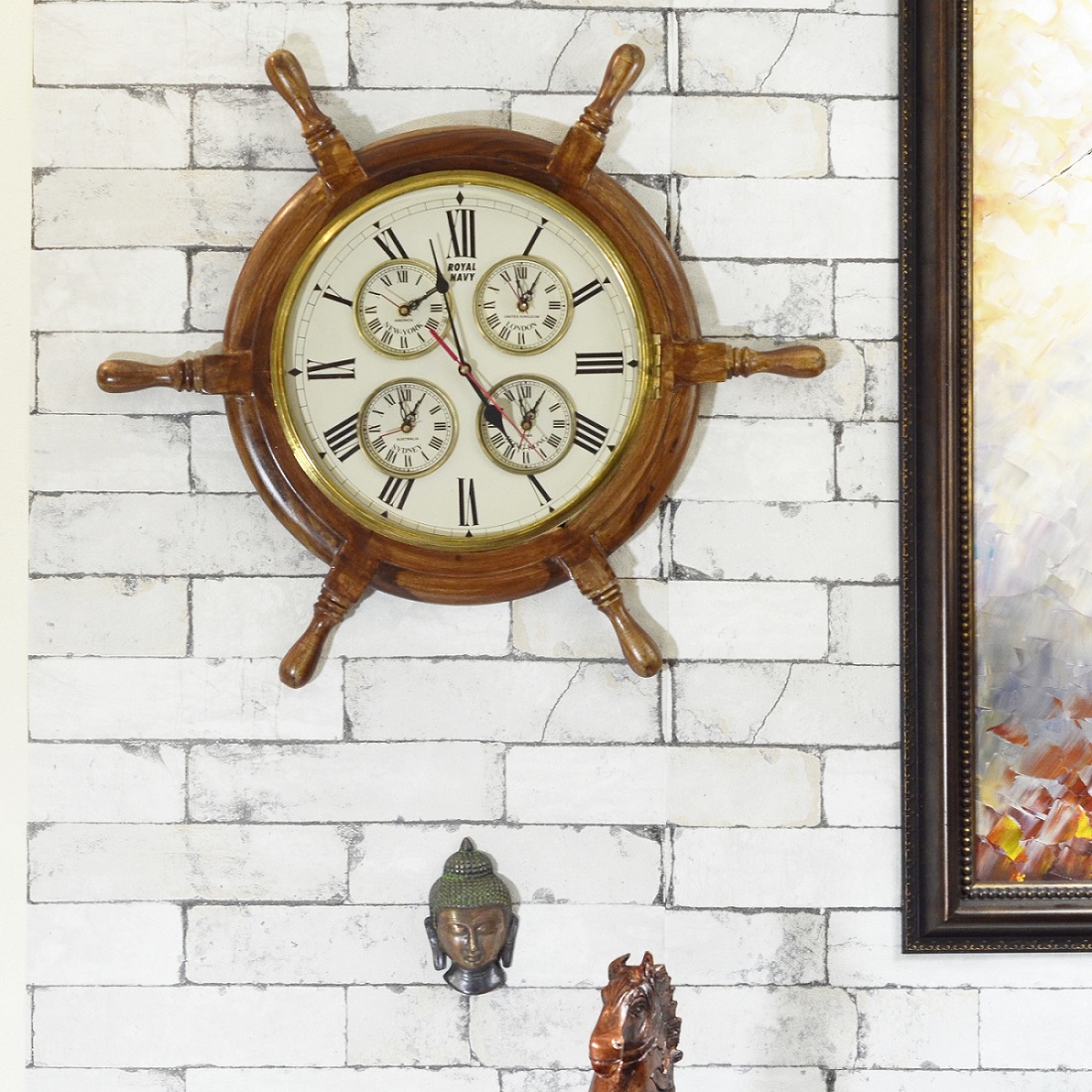 Antikcart Classic Colonial Shipwheel Wall Clock with 5 different time zones main view