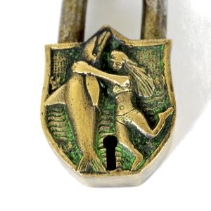 Antikcart Antique Metal Brass Lock with Lady and Fish Carving close view Antikcart