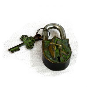 Metal Brass Lock Antikcart Hand carved Collectible old Brass Lock and Key with a Lady and Fish close