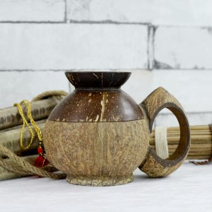 Antikcart Handmade Artwork Coconut Shell Dry Fruits Container with Handle Decor Curio