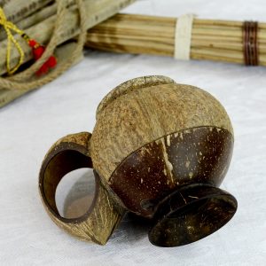 Antikcart Handmade Artwork Coconut Shell Dry Fruits Container with Handle Decor Curio