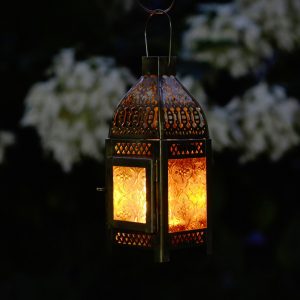 Antikcart Moroccan Style Beautiful Glass Artwork Small Hanging Lamp lit view MOROCCAN LANTERN