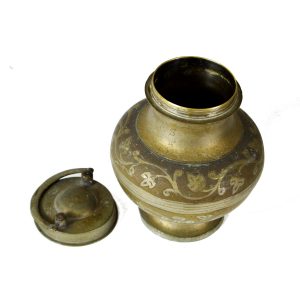 Antikcart 70 years Old Brass Kamandalu with floral artwork top view