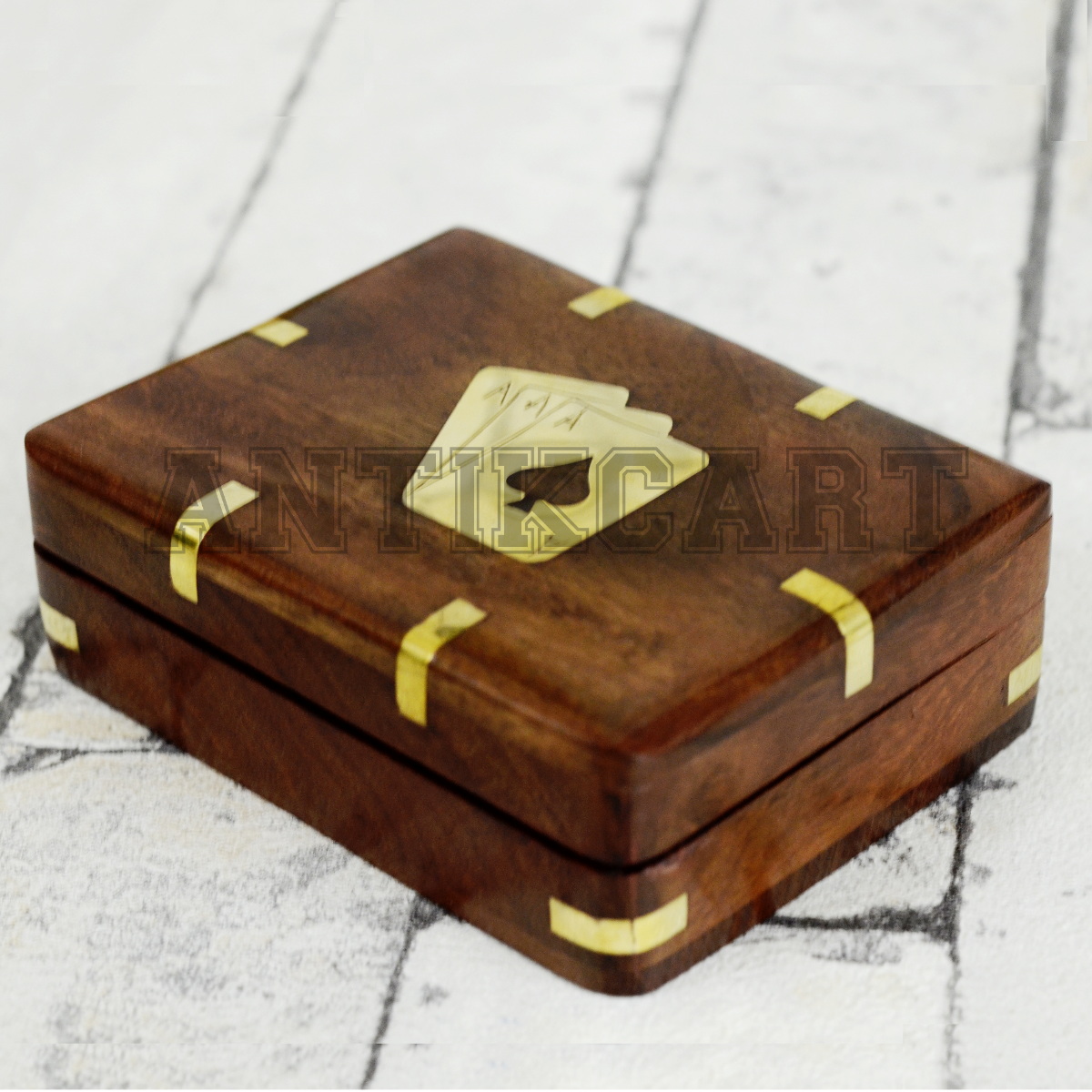 Brass Inlay Artwork Wooden Playing Card Storage Box Antikcart