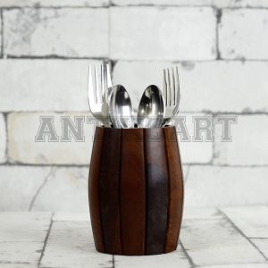 Antikcart Pen Stand - Handcrafted Sheesham Wood Drum Shaped Cutlery Holder