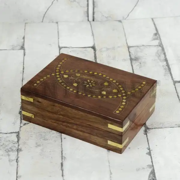 Antikcart Small Brass Inlay Artwork Wooden Ornament Box