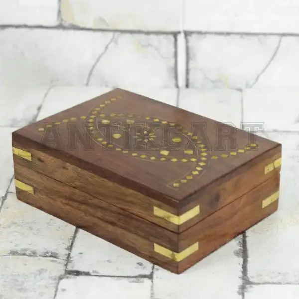Antikcart Small Brass Inlay Artwork Wooden Ornament Box close view