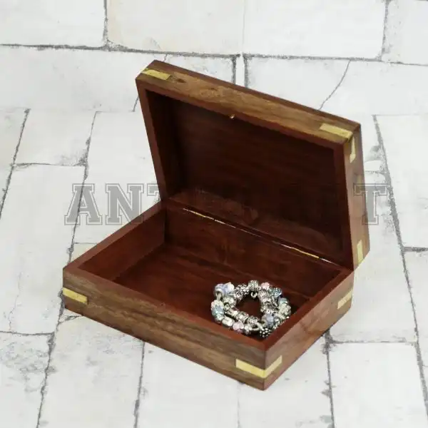 Antikcart Small Brass Inlay Artwork Wooden Ornament Box open