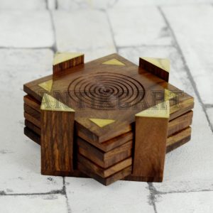 Antikcart Wooden Tea Coaster Set with Brass Artwork