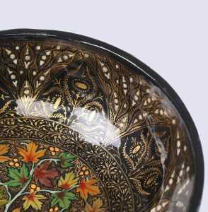 Antikcart Black Gold Floral Pattern Painted Paper Mache Bowl