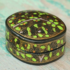 Antikcart Black Green Tree Floral Artwork Paper Mache Pin Box