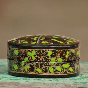 Antikcart Black Green Tree Floral Artwork Paper Mache Pin Box