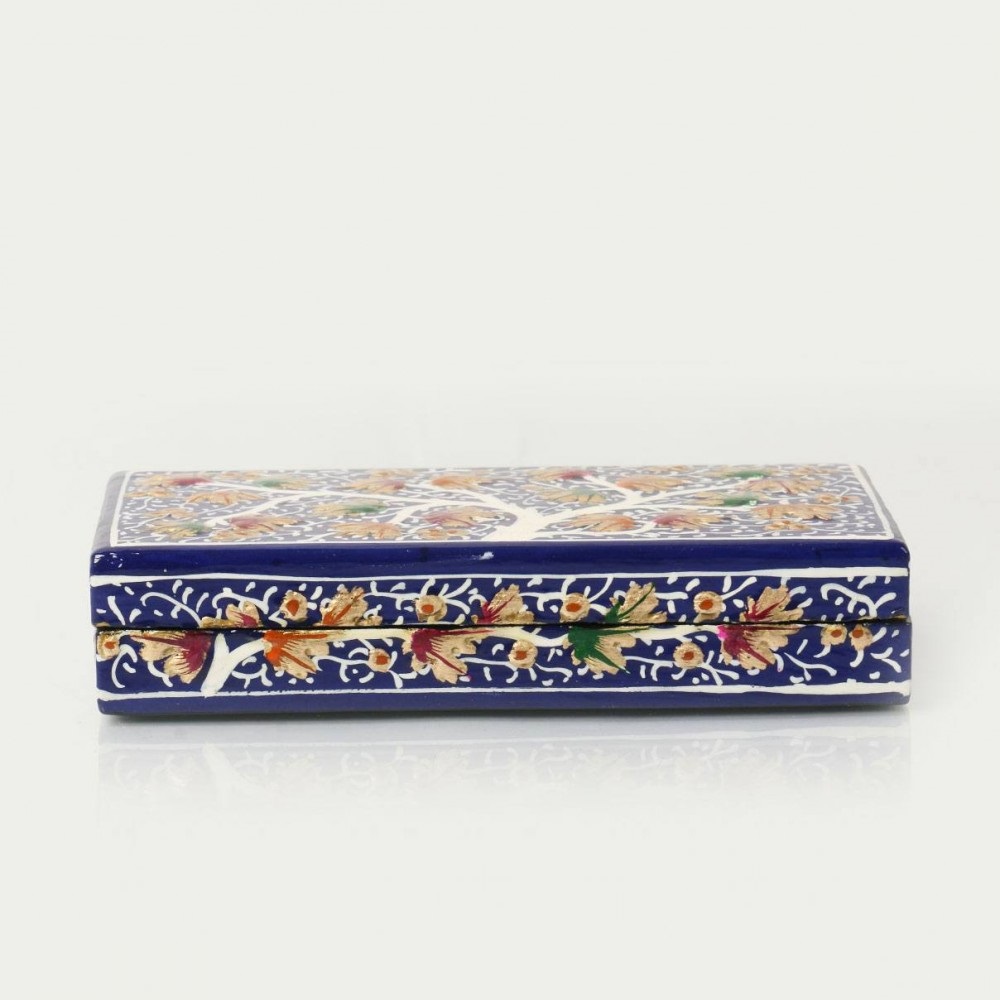 Blue Chinar Motif Artwork Papier Mache Gift Box Antikcart Antikcart Blue Chinar Motif Artwork Paper Mache Gift Box Side View