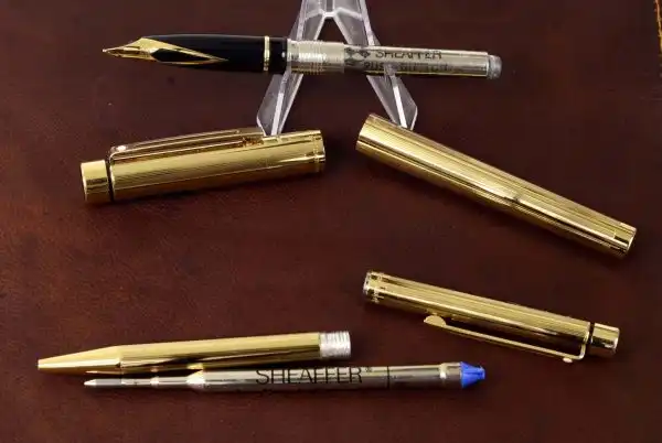 sheaffer targa fountain pen and  ballpoint pen set gold rolled body with 23K gold plated F nib - Unused - Image 4