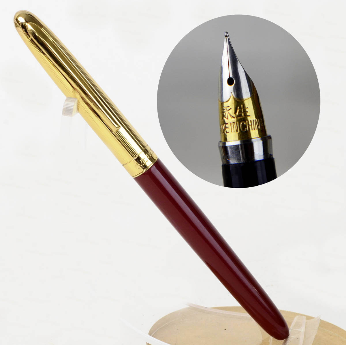 Wing Sung Fountain Pen Fine Pt Burgundy & Gold Built In Converter New 