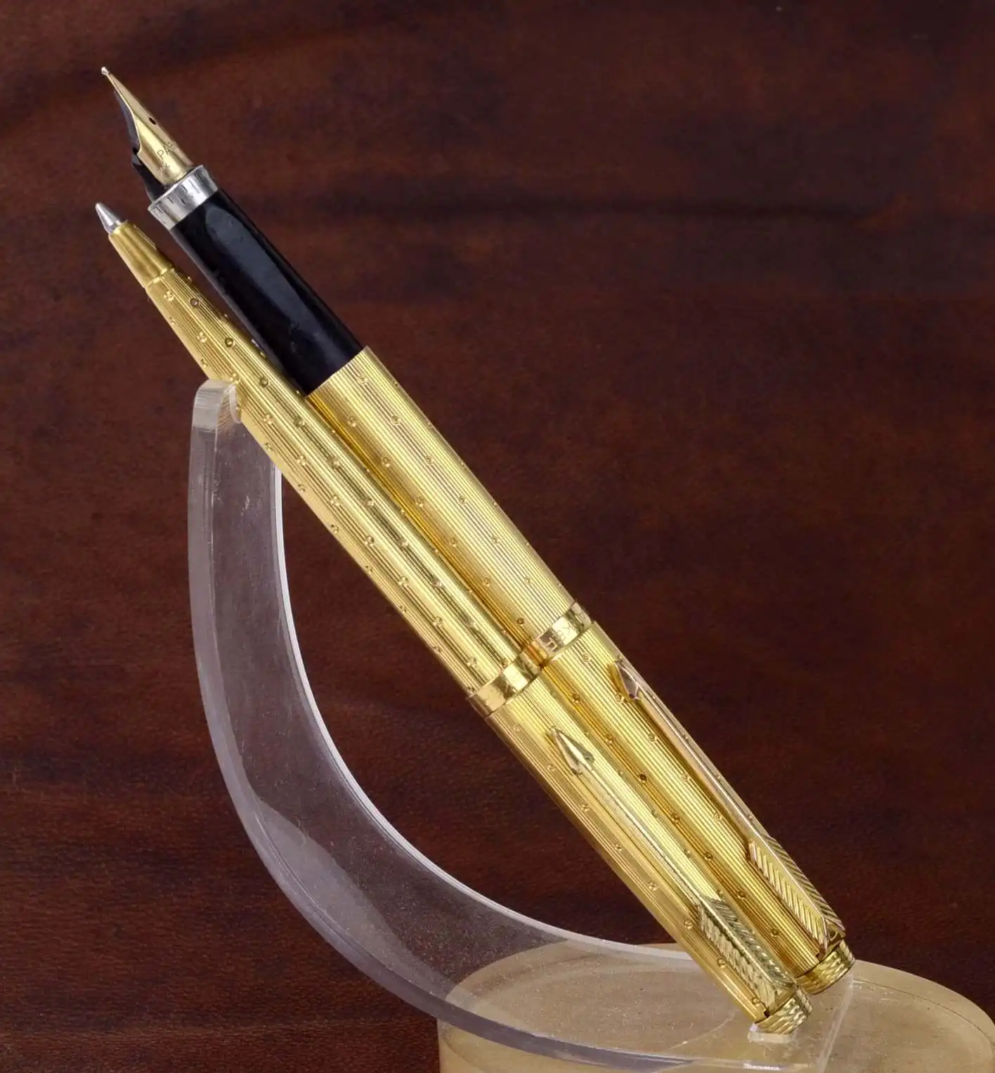 Parker 75 gold filled perle fountain pen and ballpoint set with 14K M nib - Used - Image 2
