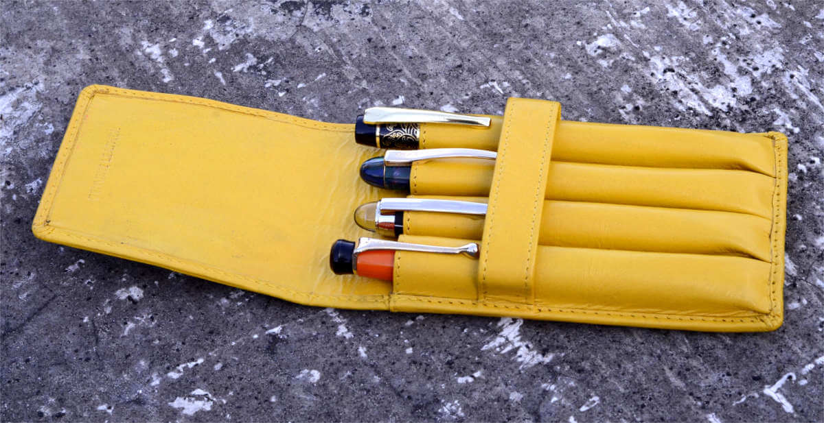 Genuine leather fountain Pen pouch 4 individual pockets Mark II chrome yellow 