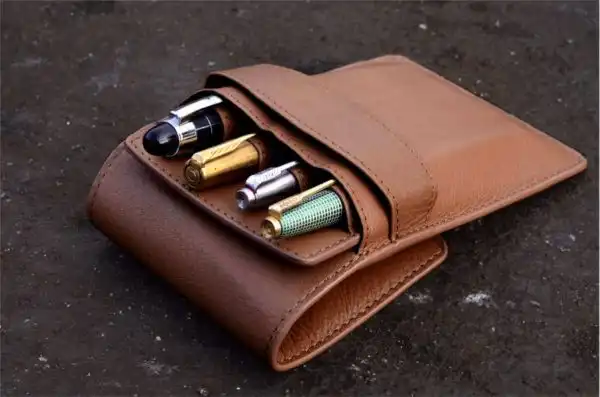 genuine leather pen pouch with slide-in pen pad  - 4 pen pockets - Image 12