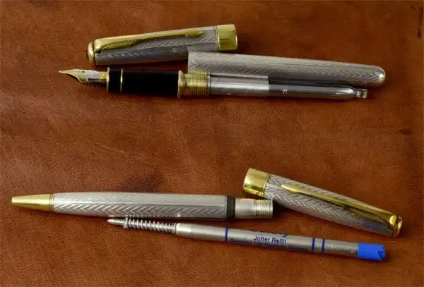 Parker sonnet fougere sterling silver fountain pen and ballpoint set 18K solid gold M nib - Image 4