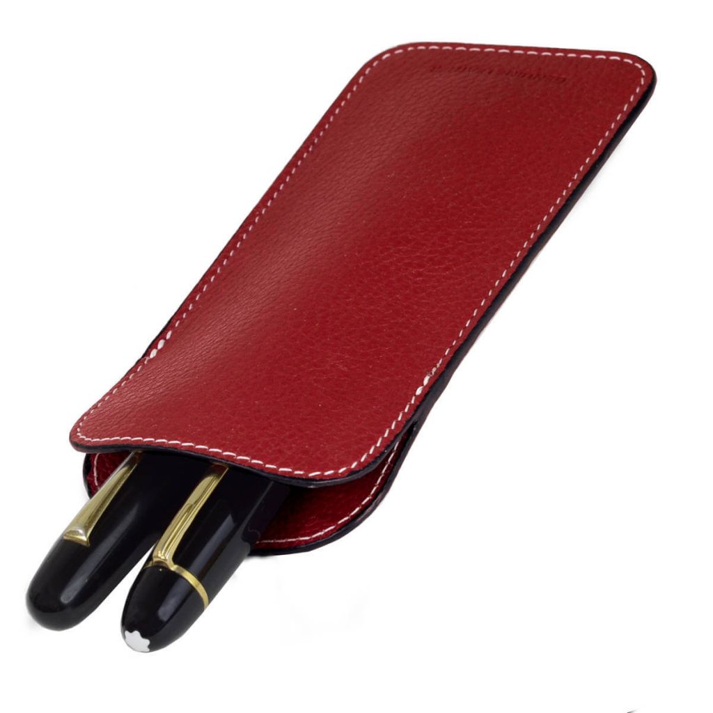 buy online genuine leather pen sleeve for 2 pens Burgundy red