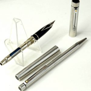 vintage-sheaffer-targa-1001-brushed-chrome-barrel-fountain-pen-inlaid-steel-Fine-nib-Australia