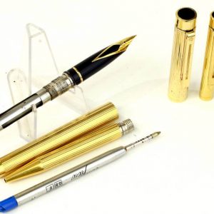 vintage-sheaffer-targa-1005-fountain-pen-and-ballpoint-pen-set-23K-gold-plated-Fine-nib-USA