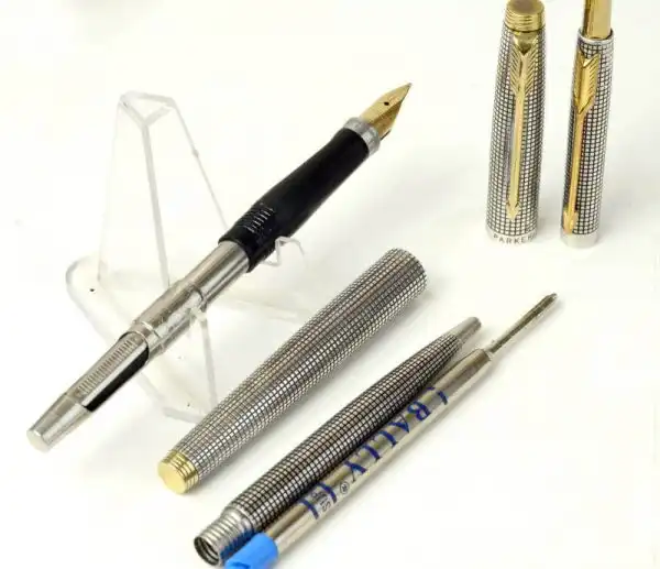 vintage Parker 75 sterling silver fountain pen and ballpoint set with 14K gold B nib - Super mint - Image 2