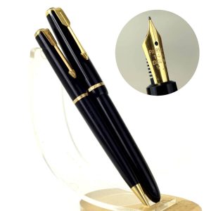 Vintage parker slimfold black fountain pen and mechanical pencil set with 14C gold M nib - clean