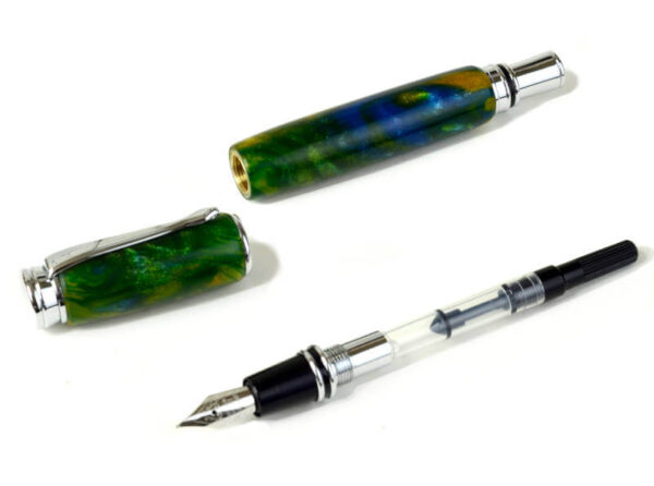 Hand turned acrylic marbled body fountain pen with iridium point Steel F Nib - Viveza Metro - Image 2