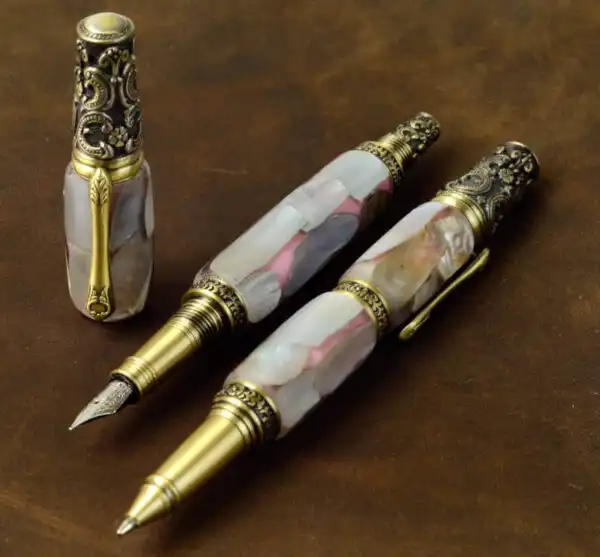Hand turned mother of pearl pen set - Victorian style brass trim - Image 2