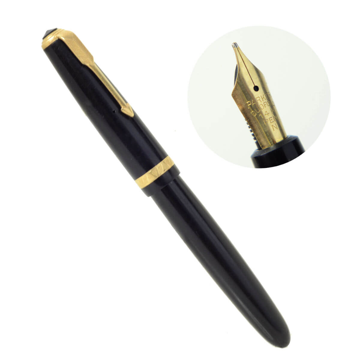 Vintage parker duofold English black fountain pen – 14 Karat gold M nib – Used