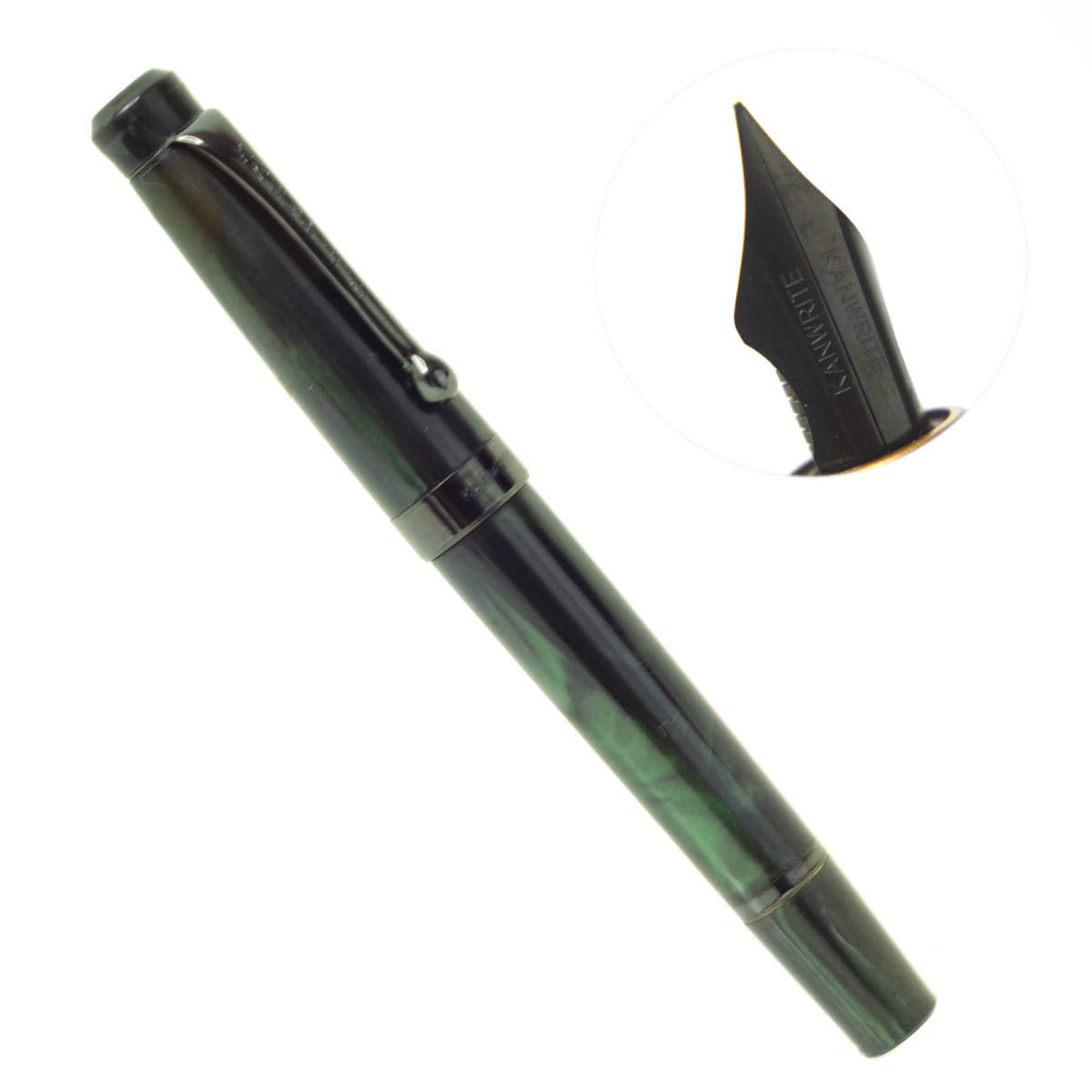 Kanwrite Heritage ebony algae swirl piston filler fountain pen  – 4 PVD black flex nib options