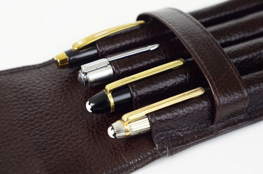 buy pure leather pen pouch coffee brown for 4 pens with separate pockets