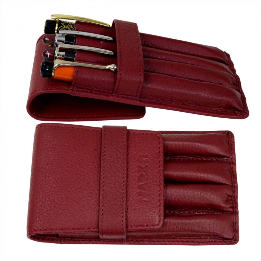 buy pure leather pen case with 4 pens separate pockets Burgundy