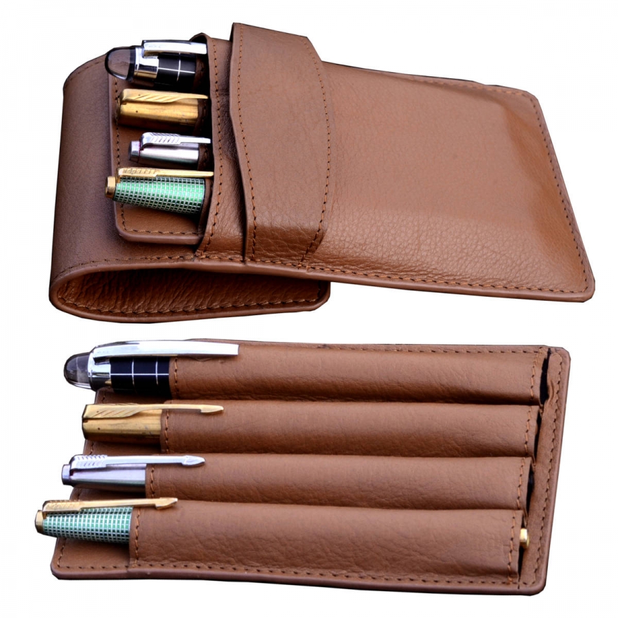 buy pure leather pen pouch with slidein pen pad Tan brown